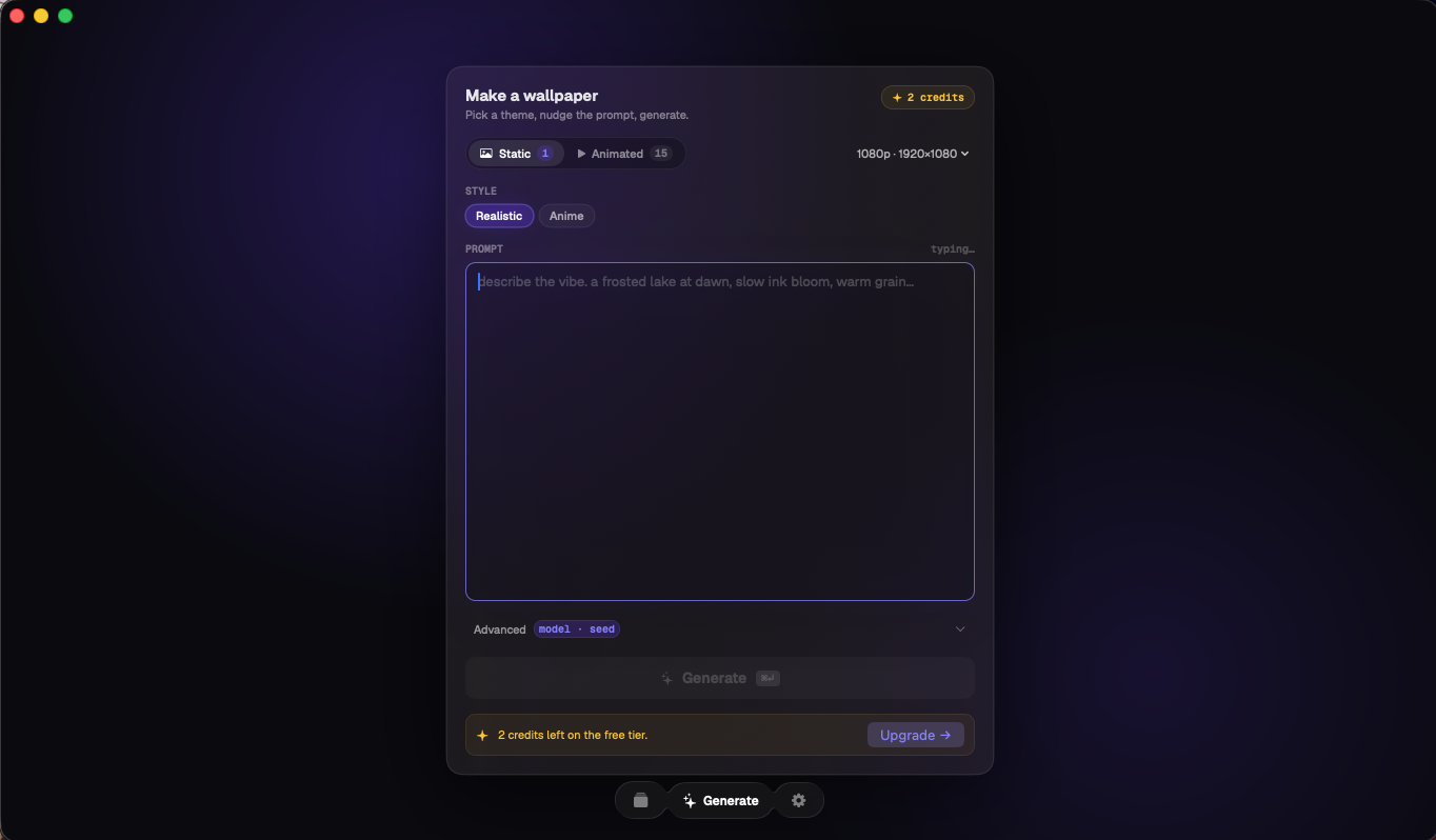 Wallpaperific generate screen — prompt input with style and resolution options